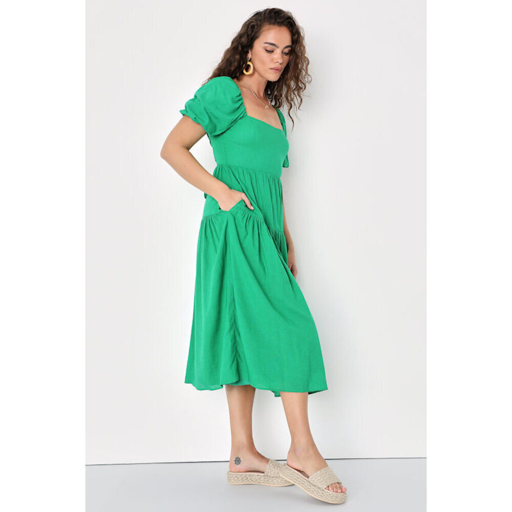 Lulus Favorite Cutie Green Linen Lace-up Midi Dress With Pockets - Size XS